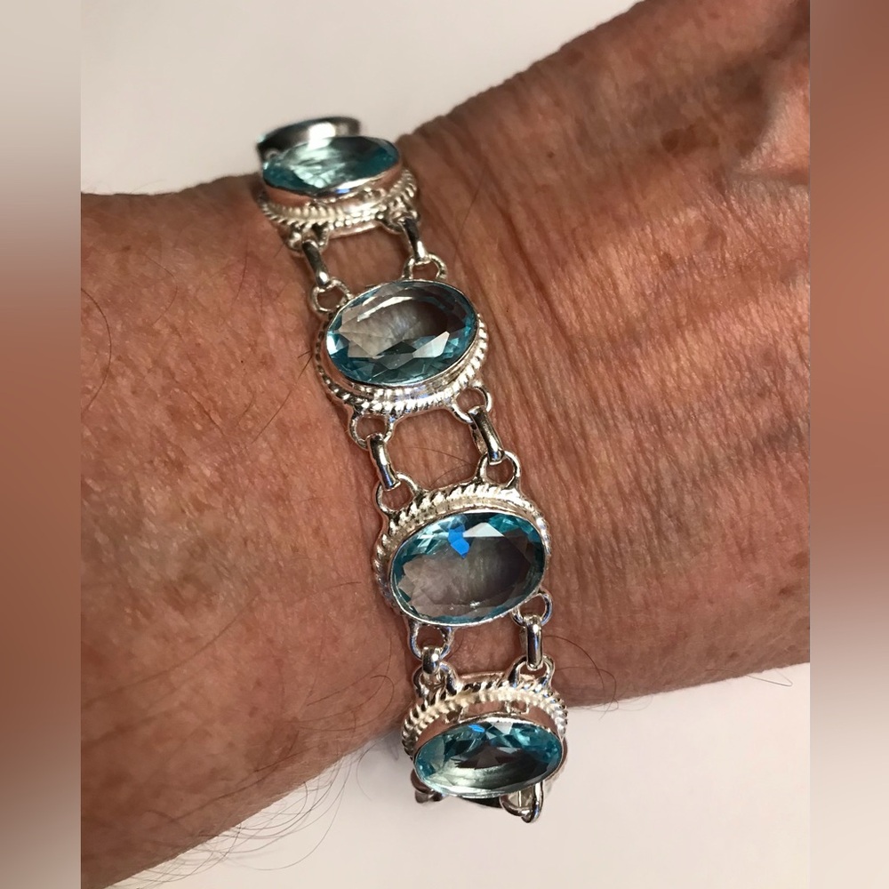 Blue Topaz Stamped 925 Sterling Silver Bracelet